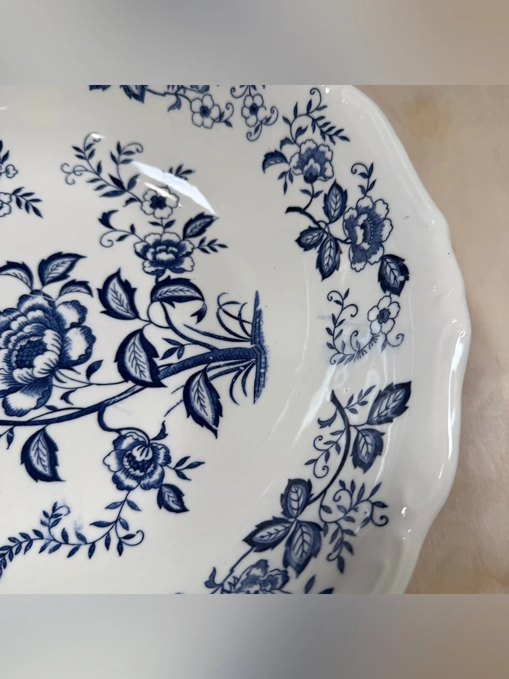 Vintage Blue Peony Hand-Painted 13” Serving Bowl Japan, Cream & Blue
